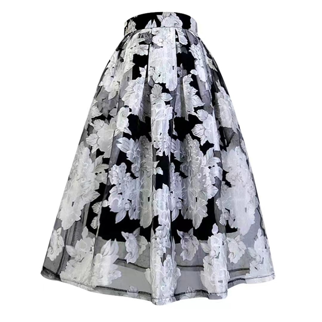 Summer Trendy Vintage Social Elegant Woman Floral Print High Waist Long Pleated Skirt