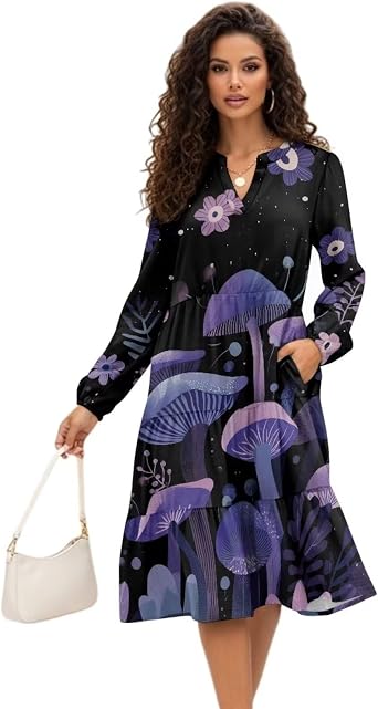 YEXIATODO Mushroom Patchwork Dress Women Plus Size Midi Dresses with Pockets Long Sleeve Dresses V Neck Tunic Skirts