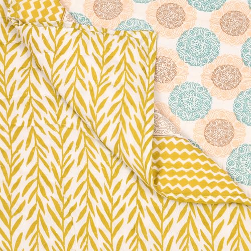 Image of BLOCKS OF INDIA Cotton Single Size Quilt Hand Block Print for Light Winters (60X90 Inches) (Green Chakri, 300 Tc)