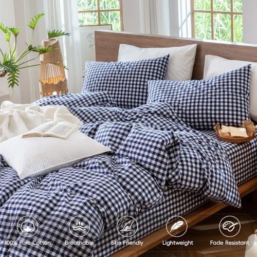 Image of MooMee Gingham Duvet Cover Set 100% Washed Cotton Linen Like