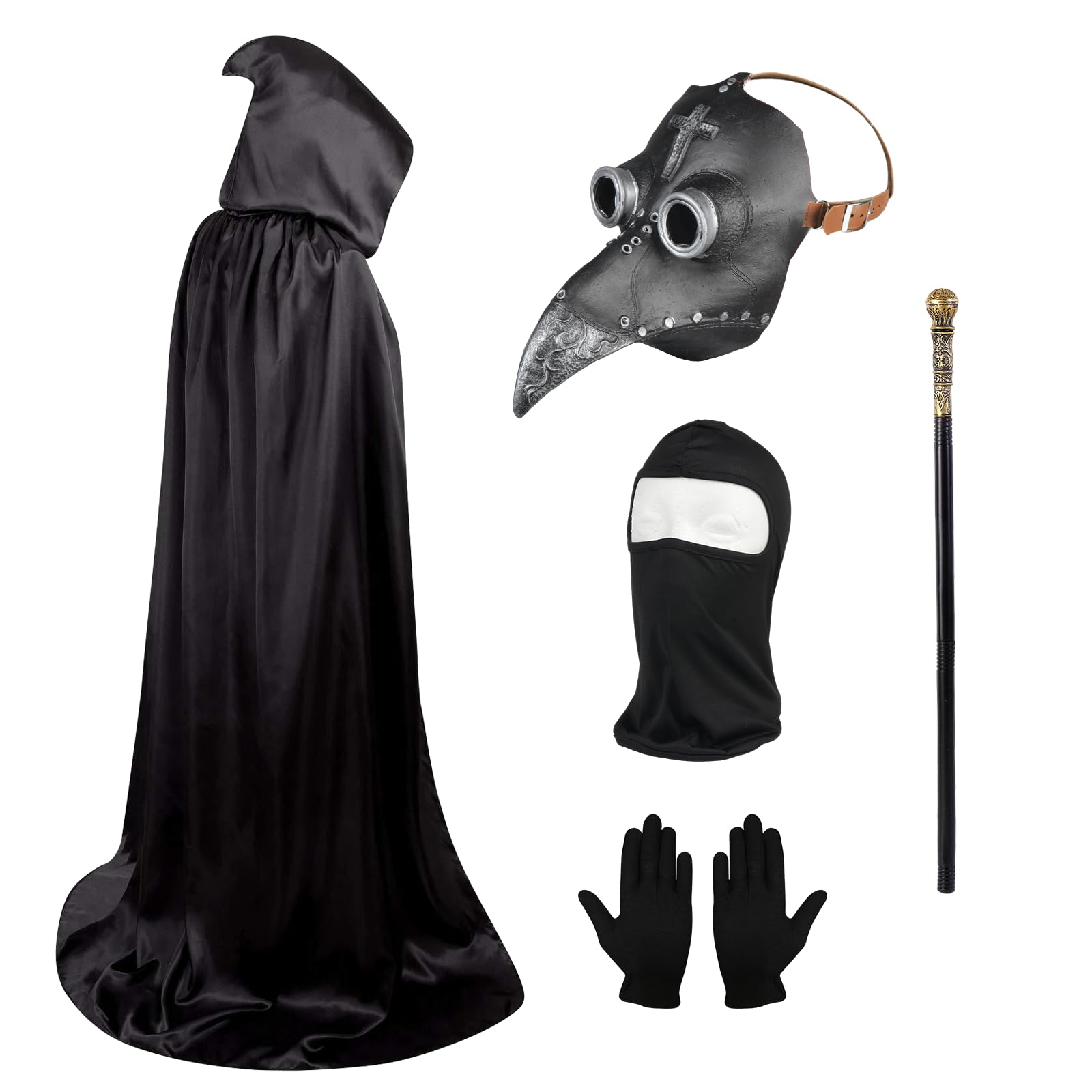 Lifreer Plague Doctor Costume Set, Plague Doctor Mask, Long Nose Beak Steampunk Props and Black Gloves, Hooded Cloak