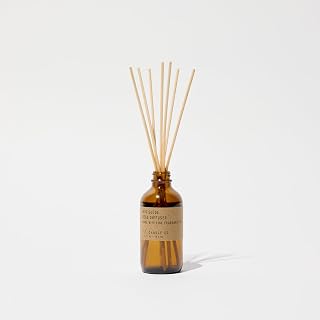 P.F. Candle Co. Iris Suede Seasonal Fall Autumn Scented Rattan Reed Diffuser (3.5 fl oz) Amber Glass Jar, Fine Fragrance Oil, Flame-Free Fragrance, Made in The U.S.A.