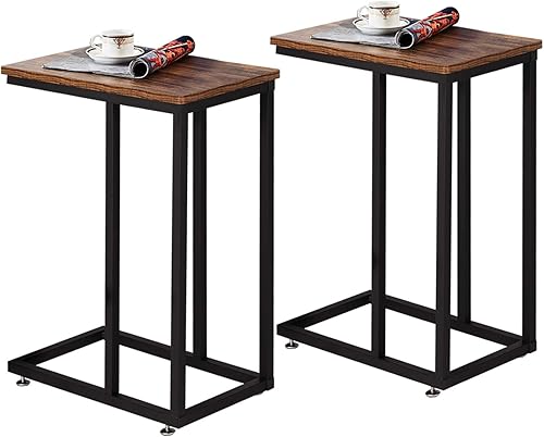 VECELO Mesa lateral en forma de C, estilo aperitivo para sala de estar, sofá, bandeja de TV, juego de 2 (marrón)