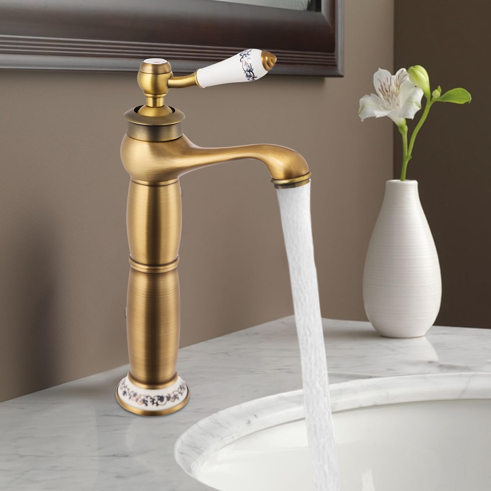 Robinet de salle de bain haut en laiton antique, rétro doré, mitigeur monocommande antique pour salle de bain, robinet de lavabo, eau froide et chaude