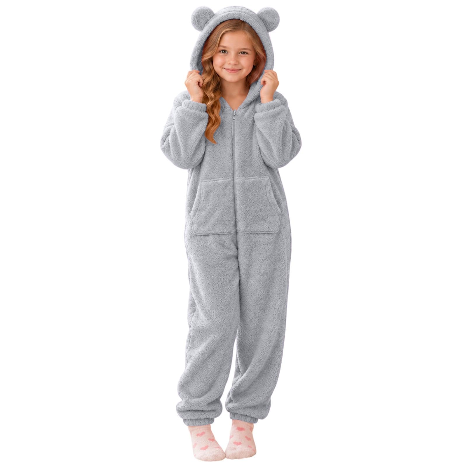 Girls Animal Onesie Fleece Fuzzy Warm Sherpa Bed Jumpsuit with 3D Hood