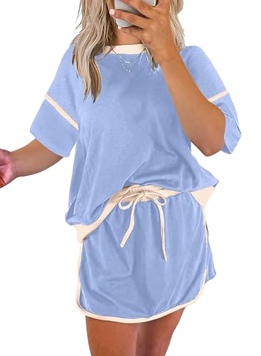 EVALESS Women's 2 Piece Sets Summer Casual Short Sleeve Tops
