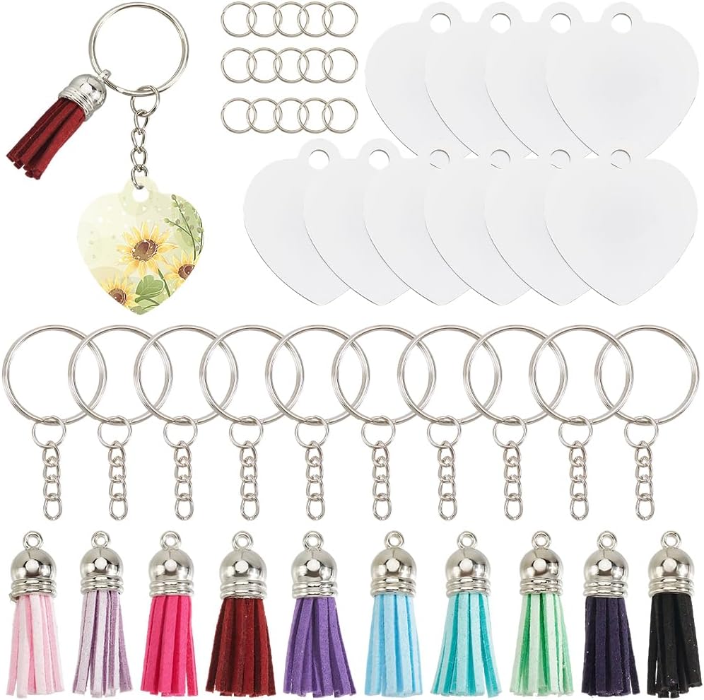 1 Box 220Pcs 40 Sets Sublimation Keychain Blanks Heart Sublimation Key Chains Bulk Heart Shaped Double Side Colorful Tassels for Keychain Making DIY Crafts Backpack Decorations Gift Beginner