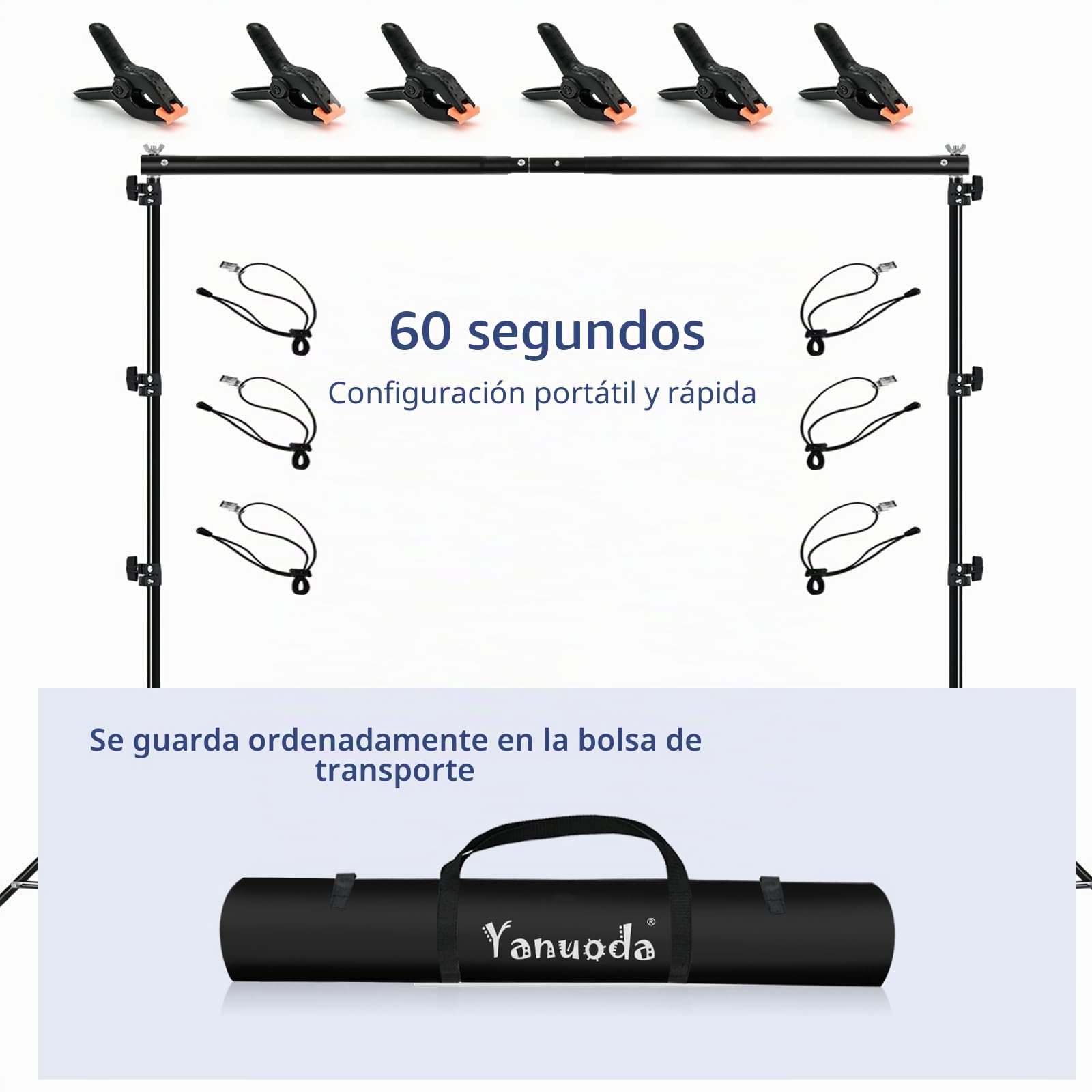 Kit de Soporte para Telón de Fondo 2.6x3m - Sistema de Soporte de Fondo Portátil y Ajustable | Incluye Bolsa, 12 Abrazaderas y 2 Bolsas de Agua | Ideal para Estudio en casa, Eventos, Bodas y Fiestas