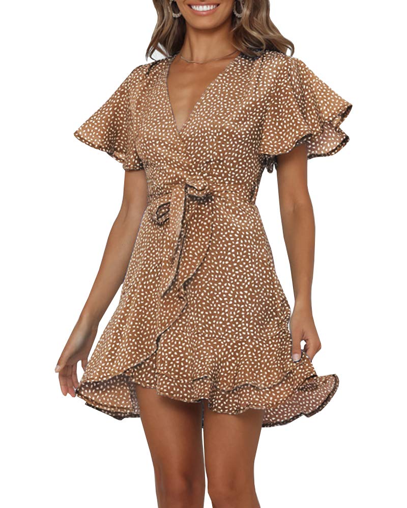 ChuanqiWomens Polka Dot Wrap V Neck Mini Dress Summer Beach Ruffles Hem Short Dresses with Belt