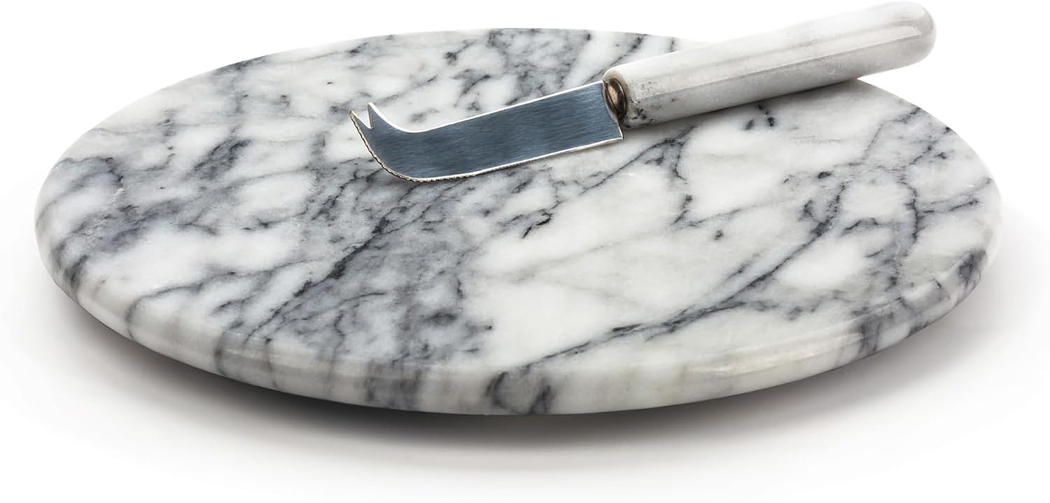 RSVP International Cheese Board & Knife, 10 Inch, White Marble