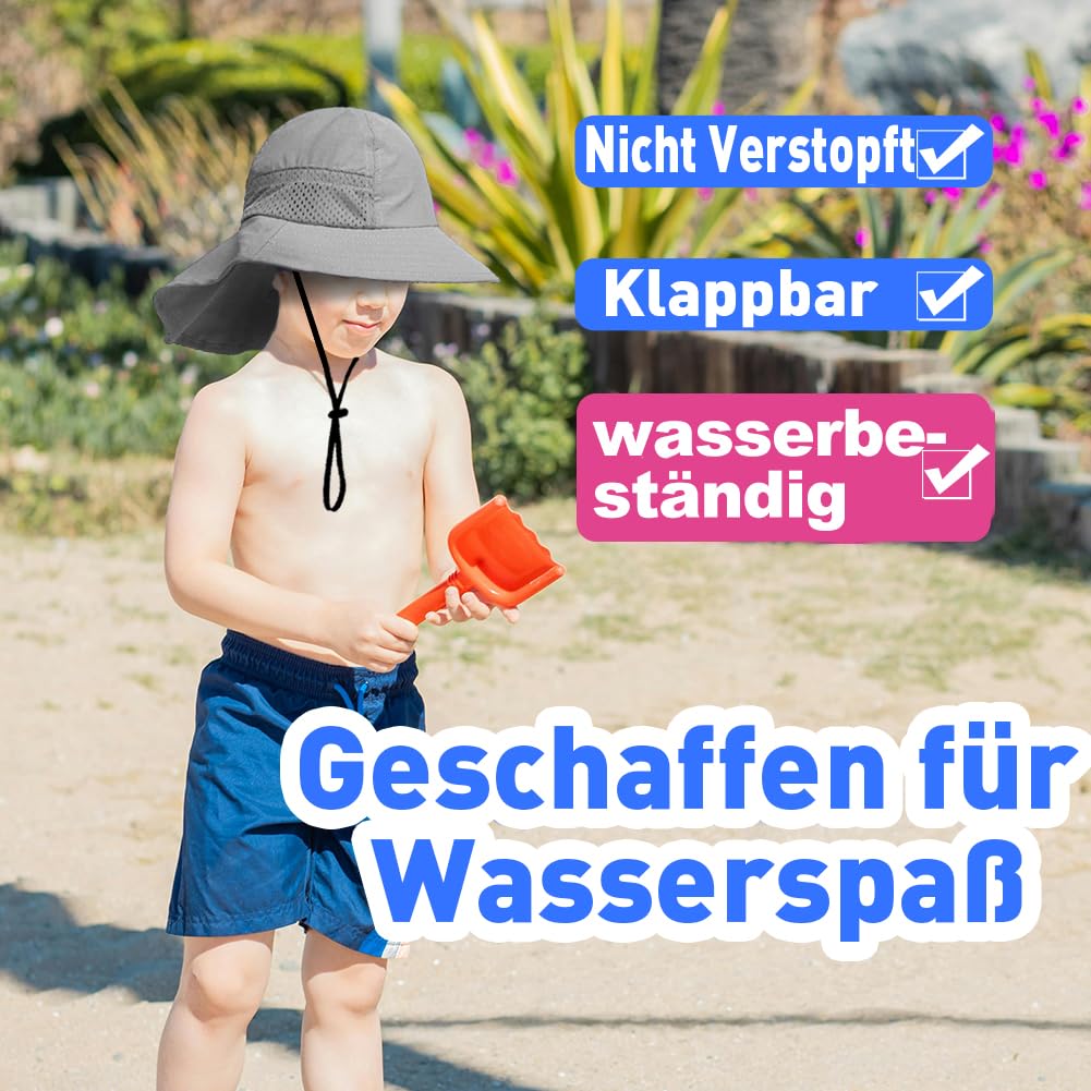 Kinder Sonnenhut mit Nackenschutz UPF, Verstellbarer Kinnriemen, Atmungsaktiv Netz, für Jungen und Mädchen, Strand, Garten, Spaziergang im Freien