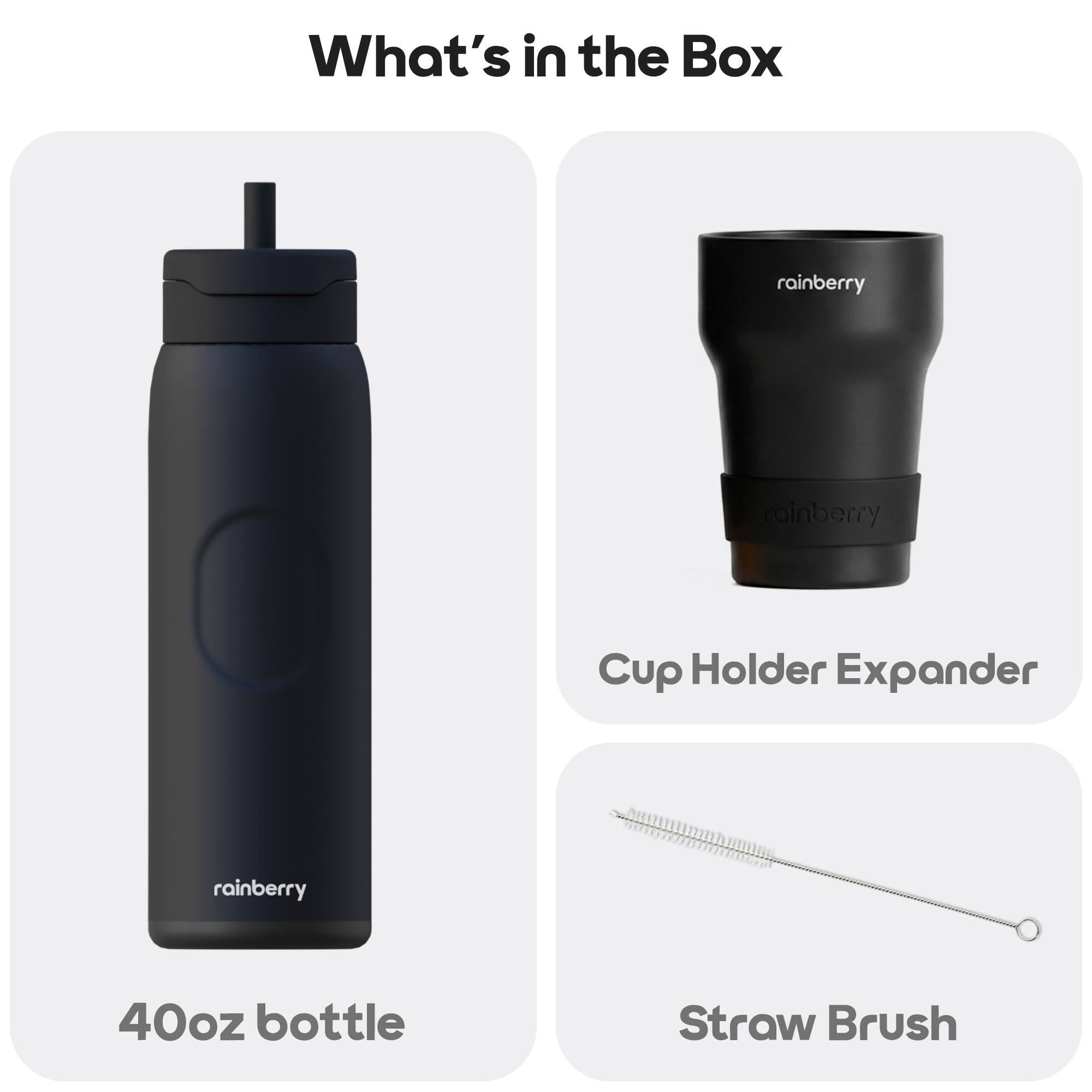 Isolierte 1,2L Edelstahl Trinkflasche/Wasserflasche mit Strohhalmdeckel, doppelwandig vakuumisoliert, klappbarem Griff & Auto-Getränkehalter Adapter (Schwarz)