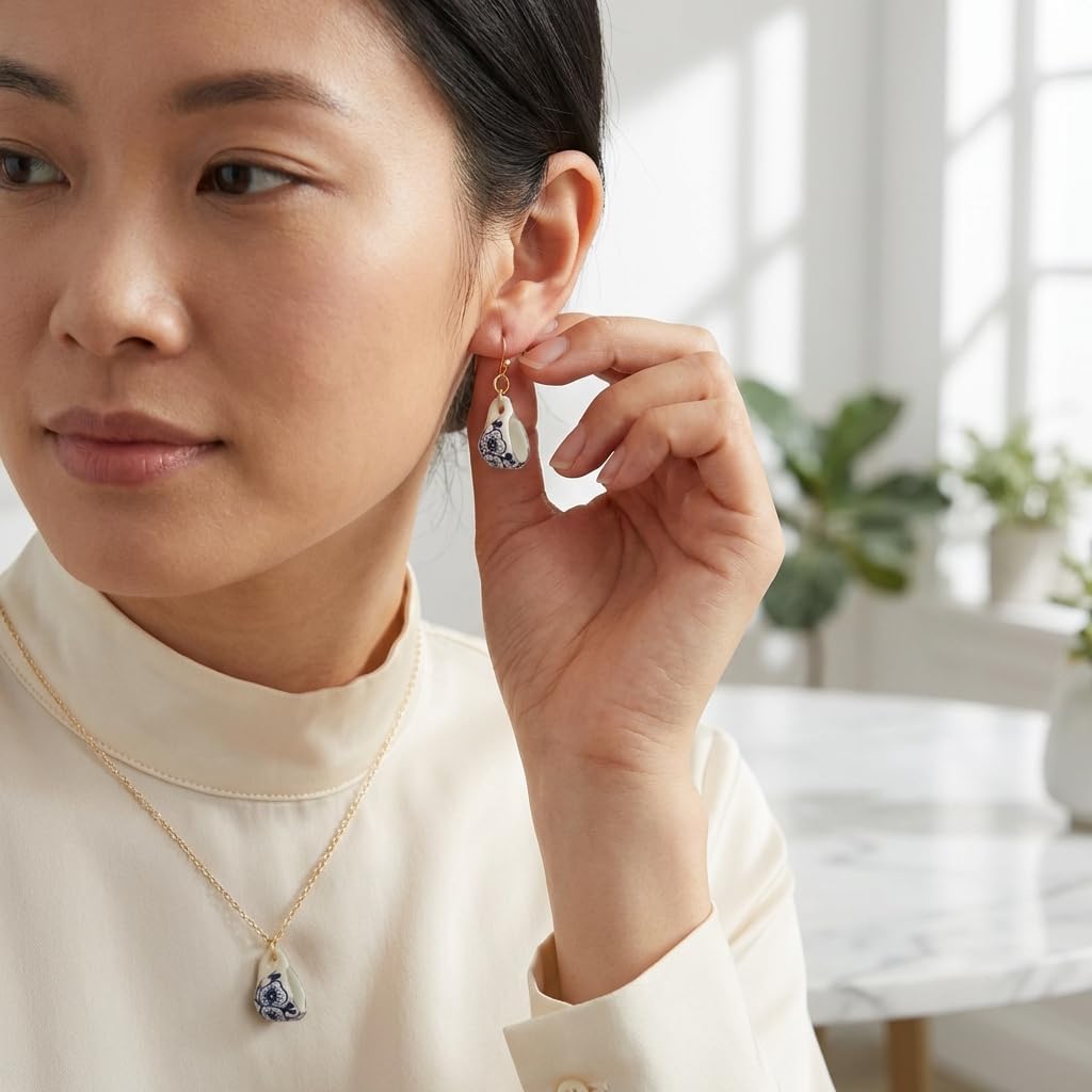 Vintage Blue Flower Ceramic Porcelain Tea Cup Drop Pendant Necklace or Drop Earrings Jewelry Set