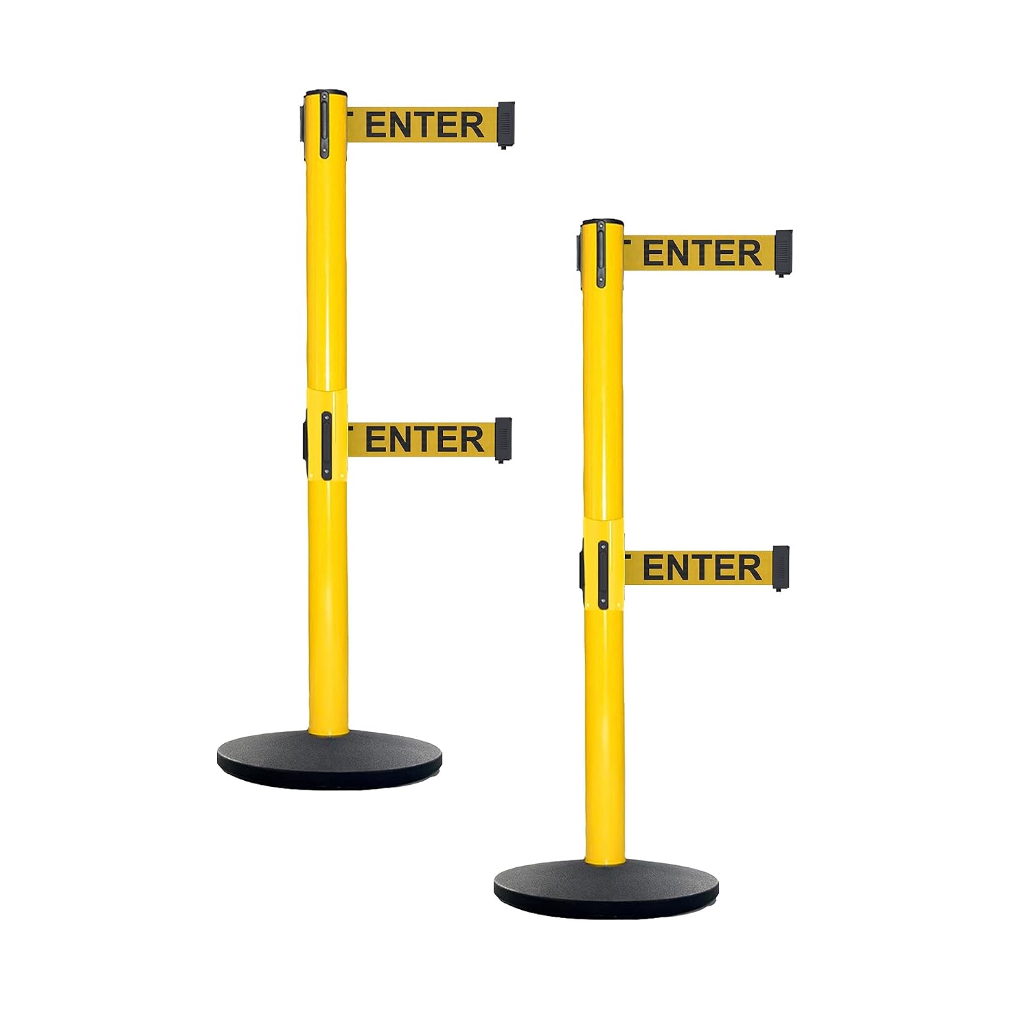 CCW Set of 2 Dual Retractable Belt Barrier Safety Stanchion, Cast Iron, Base Yellow Post, IRBB-100D (9 Foot Belt, Yellow with "Caution - DO NOT Enter" Black Letters Belt)