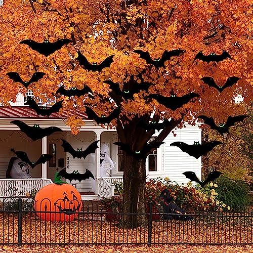 Hanging Bats Halloween Decorations Outdoor - 16 Pack Glowing Eyes Large Flying Bats 5 Different Size, Waterproof Plastic Realistic Black Bats Hanging in Tree Outside Halloween Decoration for Porch3