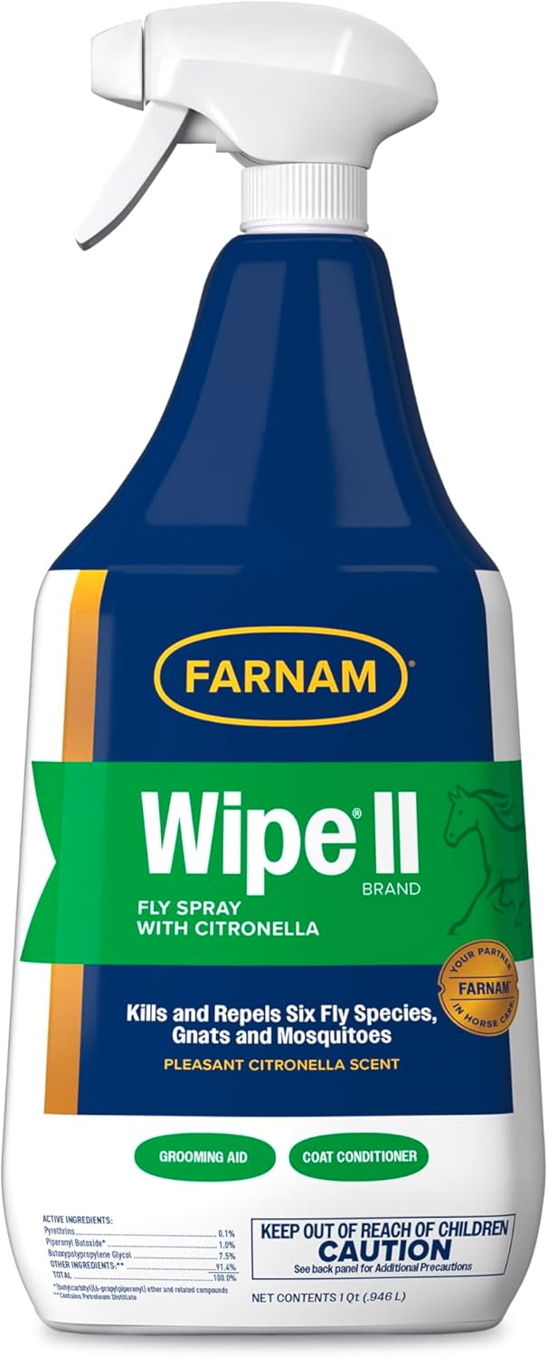 Farnam Wipe II Brand Horse Fly Spray with Citronella, Kills and Repels Flies, Conditions Coats, 32 oz