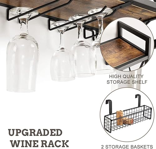 Miniatura 3 de Hadulcet Estante industrial para vino montado en la pared, estante de madera de 2 niveles para botellas de vino con 5 soportes para copas de vino,