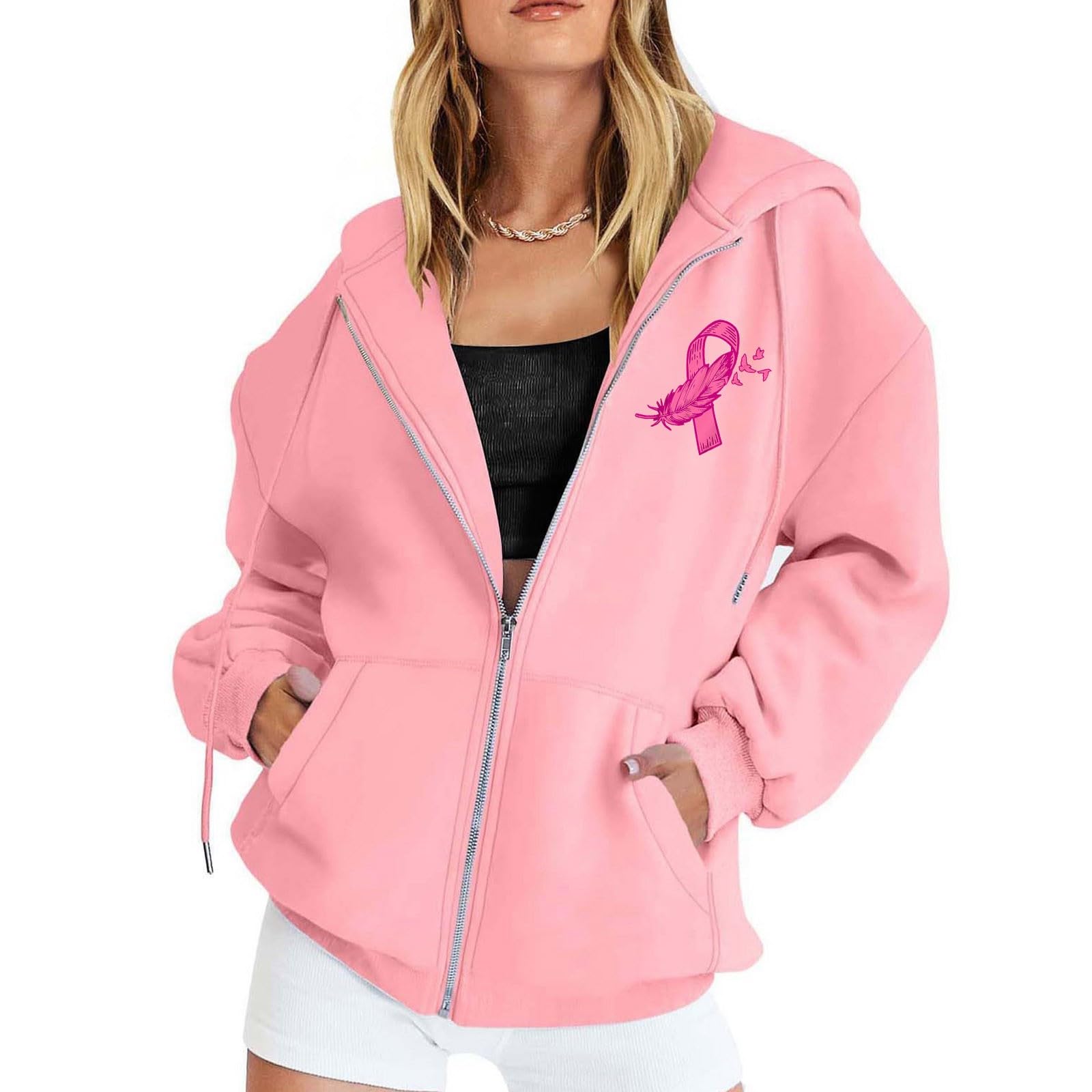 Jabidoos Sweat à Capuche Octobre Rose Femme - Pull Zippé Oversize Automne Hiver