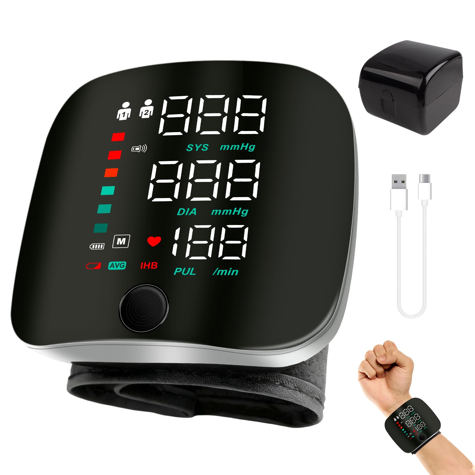 Wrist Blood Pressure Monitor, Rechargeable LED Touch Screen Blood Pressure Machine, Adjustable Wrist Cuff Bp Monitor Blood Pressure for Adult Elder at Home or Travel Use-image-2