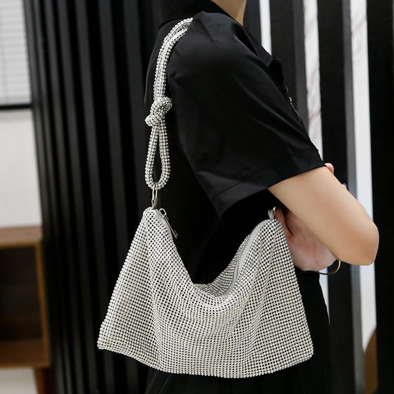 Rhinestone Purse Silver Hobo Purse Sparkly Evening Bag for Women Prom Party for Prom, Party, Wedding