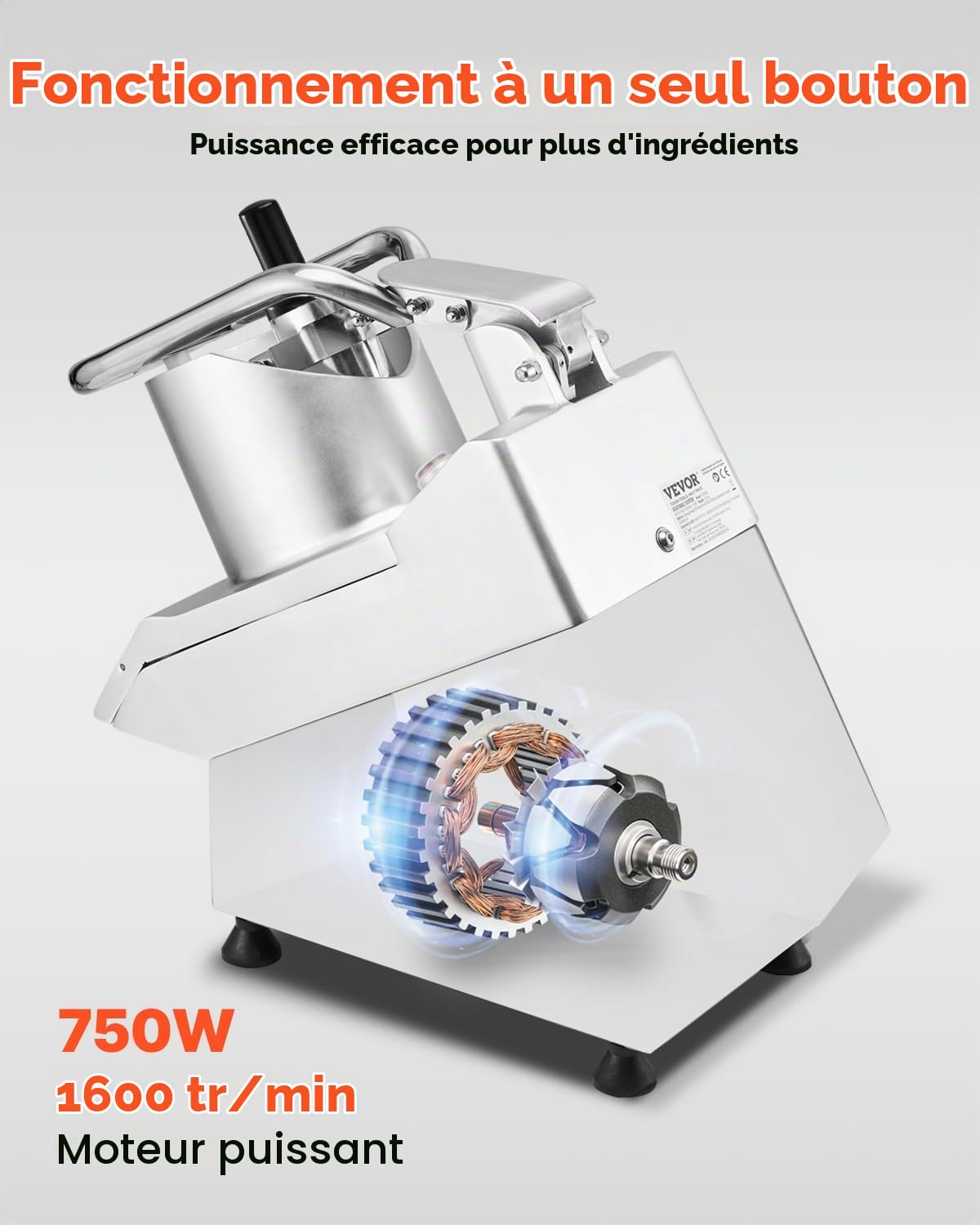 VEVOR Robot culinaire multifonction, 2 trous d'alimentation, hachoir à légumes en acier inoxydable de qualité alimentaire, 750 W, avec 6 lames détachables, broyeur et trancheuse, pour légumes, fruits