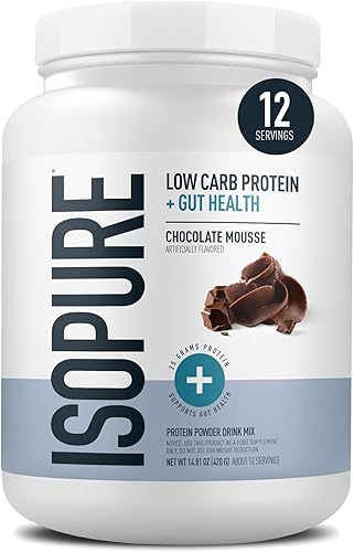 Isopure Proteína + Polvo de salud intestinal y apoyo inmune, mousse de chocolate, 25g de proteína de suero con prebióticos y vitaminas, 12 porciones