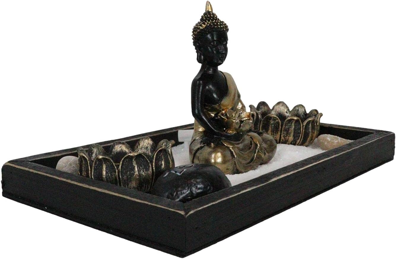 Ebros Gift Meditating Namaste Gautama Buddha Monk Shakyamuni in Golden Robe by Lotus Votive Candle Holders Zen Garden Kit with Pebbles Sand and Rake Figurine Buddhism Amitabha Candleholder