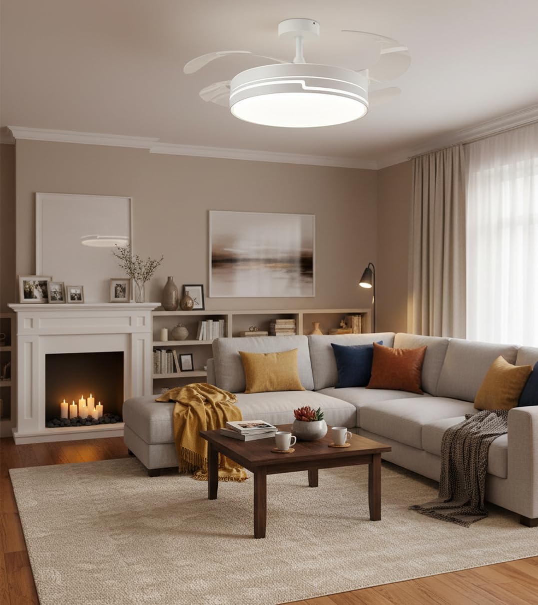 BEL AIR HOME - Ventilatore da Soffitto ROBIN - Motore DC Silenzioso - Pale Scomparsa - Luce LED 36W, 3000K/4000K/6500K - Telecomando Incluso - Ventilatore con Luce, Bianco, Metallo