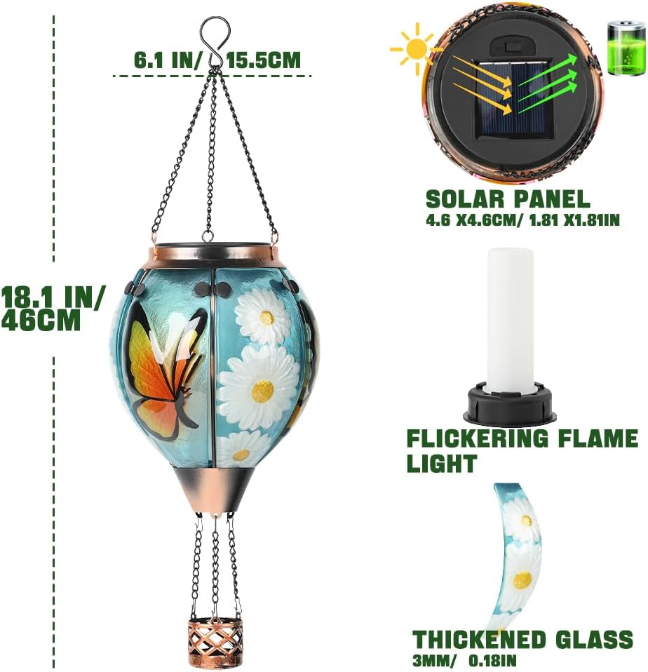 Hot Air Balloon Solar Lantern - Butterfly Stained Glass Lantern, Simulated Flickering & Dancing Flame, Outdoor Hanging Yard Light Waterproof IP65 for Patio Lawn Porch Decor Gift