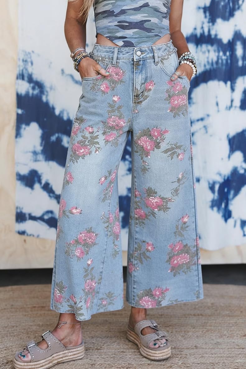 yoeasy Women's Wide Leg Jeans Baggy Boho Floral Printed Baggy Boyfriend Casual Flare Ankle Denim Pants