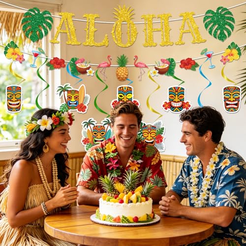 Image of Gameza Hawaiian Aloha Party Decorations, 11PCS Hawaiian Tropical Luau Glitter Banners with Hanging Swirls Decoration, Flamingo Pineapple Summer Decor Supplies