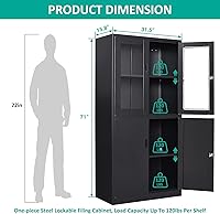 Vista 5 de SISESOL Display Cabinet with Glass Doors and Lock,Black Metal Storage Cabinet,Freestanding Locking Kitchen Pantry Cabinets with Doors and Shelves