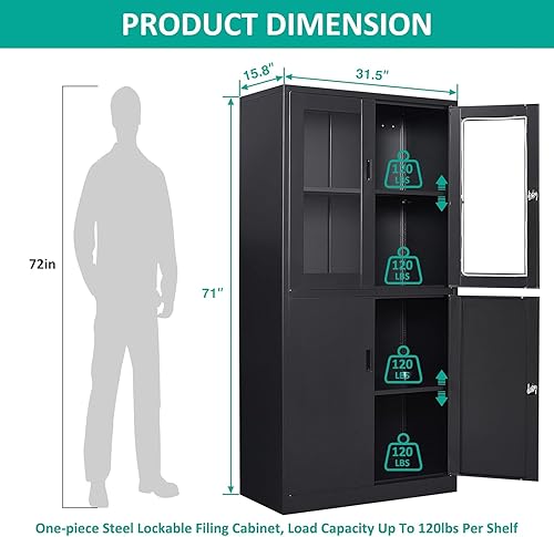 Miniatura 43 de SISESOL Armario de almacenamiento con puertas y estantes de vidrio, armario de despensa de cocina independiente para el hogar, oficina, baño Negro
