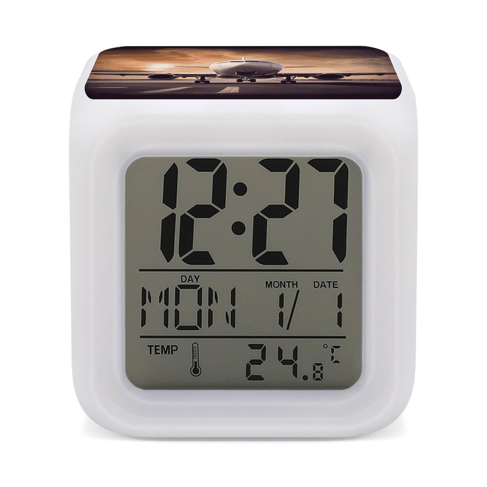 VstaDank Airplane Alarm Clock with 7 Color Changing Night Light Date Temp Display Wake Clocks LED Display Digital Clock Electric Desk Clocks for Living Office Bedroom Decor