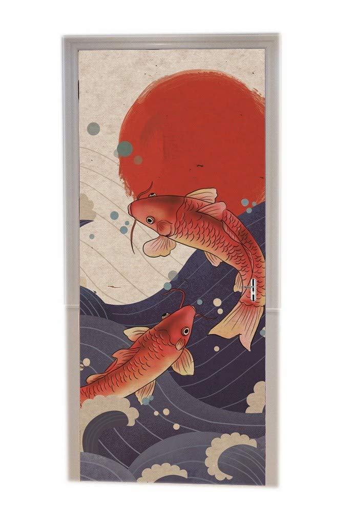 Papier peint de porte océan vagues soleil rouge adhésif trompe l'oeil