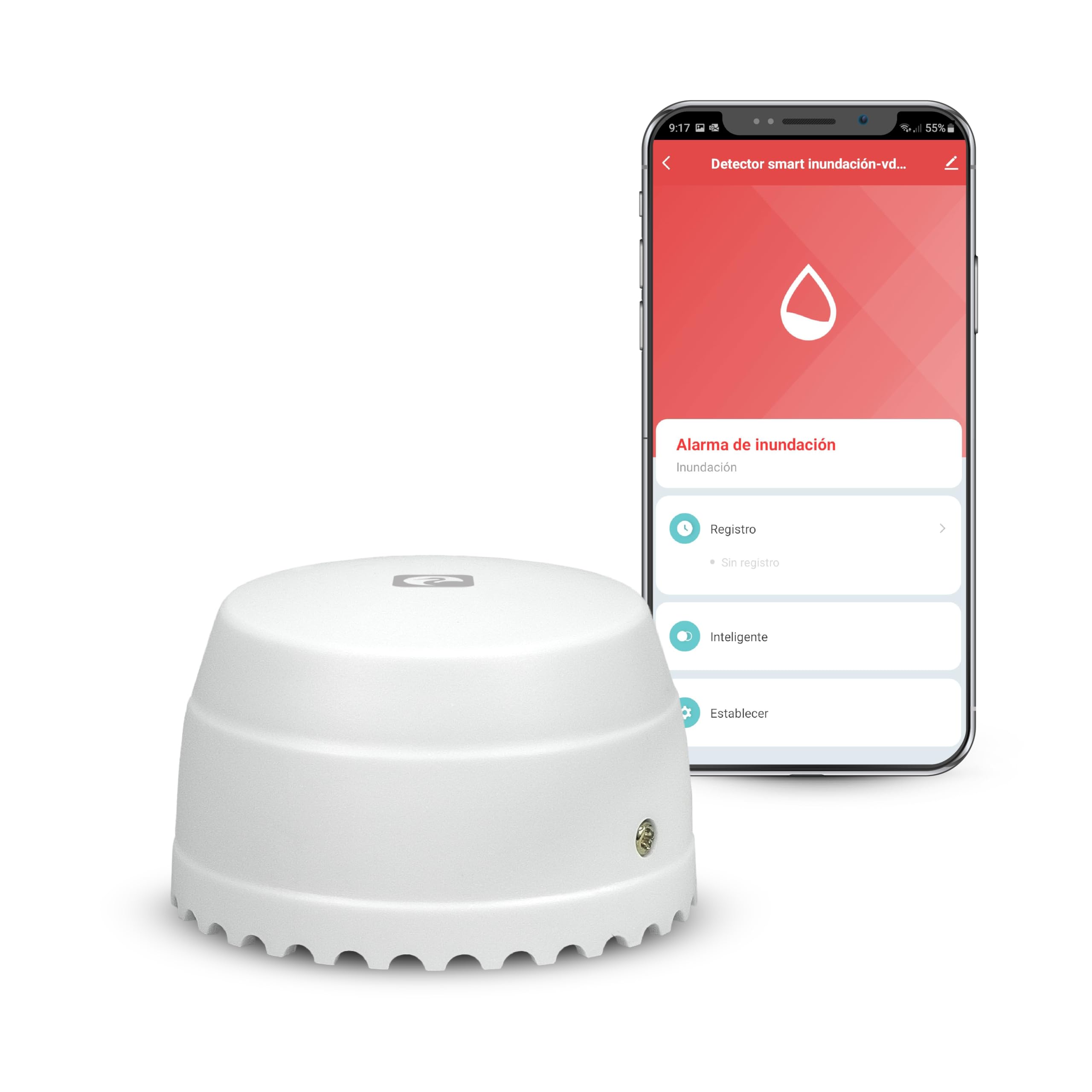Garza Smart - Detector de Agua WiFi Inteligente para Filtraciones, Inundaciones...con Notificaciones en Tiempo Real por App, Alarma Sonora de 55 db, No Requiere Instalación.