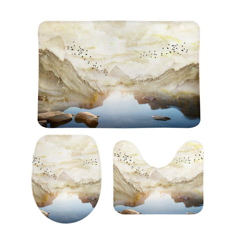 Tapis de bain en U beige Ruchen lot de 3 pour toilettes et douche