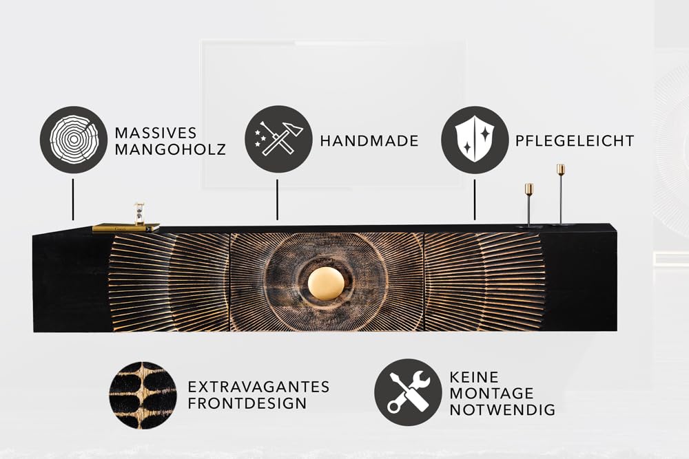 Riess Ambiente Hängendes TV-Lowboard GOLDEN Sunset 160cm schwarz Gold Mangoholz Handmade Wohnzimmerschrank Esszimmerschrank Hängeschrank
