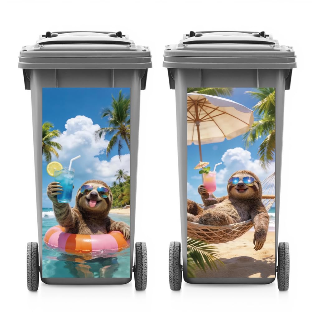 ANATTASOUL 2 Sheets Summer Wheelie Bin Stickers Vacation Sloth Waterproof Dustbin Covers Decor, 14.9"x 32.2" Adhesive Large Decal for Bins, Fridge, Wall Outdoor, Indoor Decoration