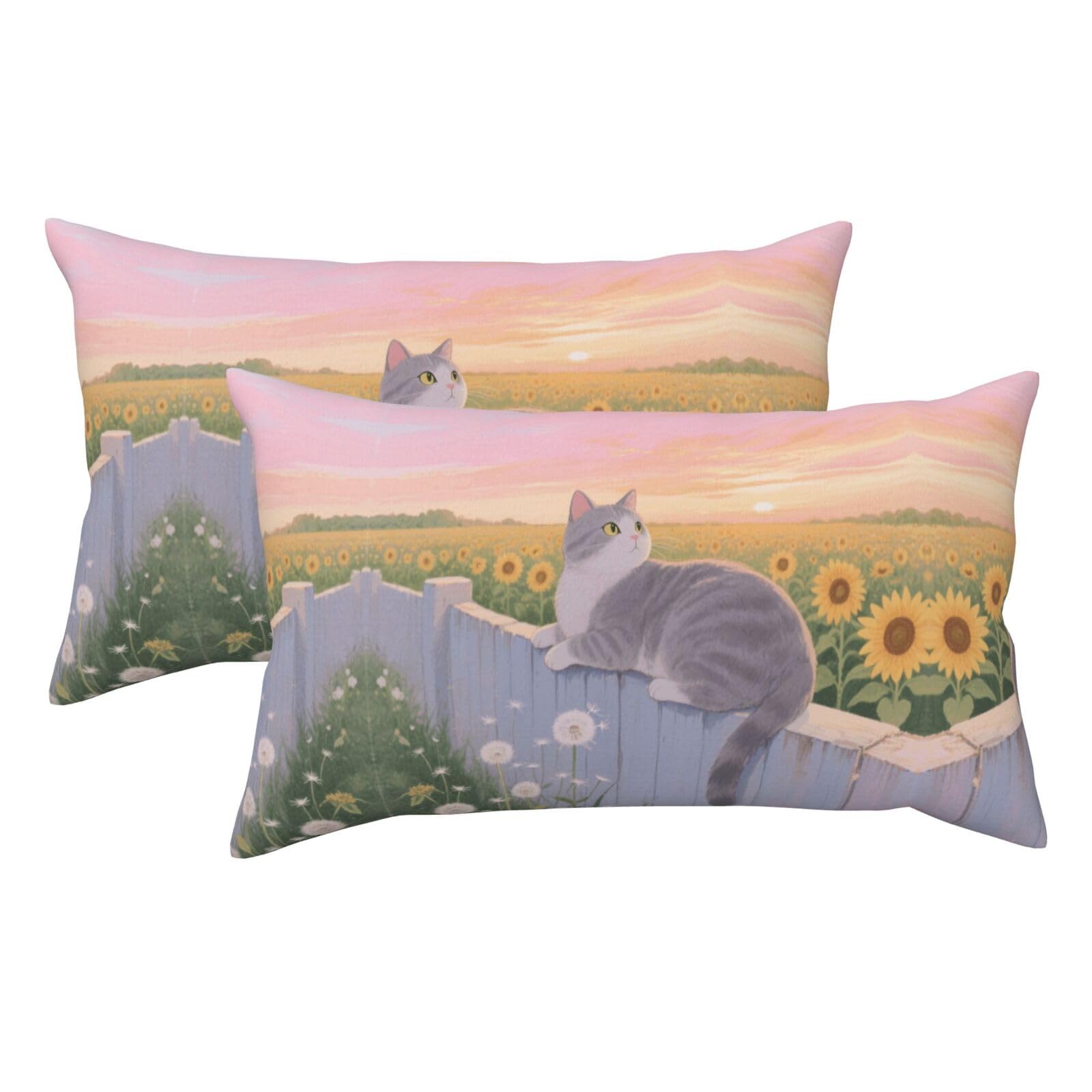 Cats and Sunflowers Luxury King Pillowcases Set of 2, Plush Velvet Feel Pillow Covers with Hidden Zipper, Skin & Hair Friendly, 20x36 Inches Pillow Cases for Sleeping Gift