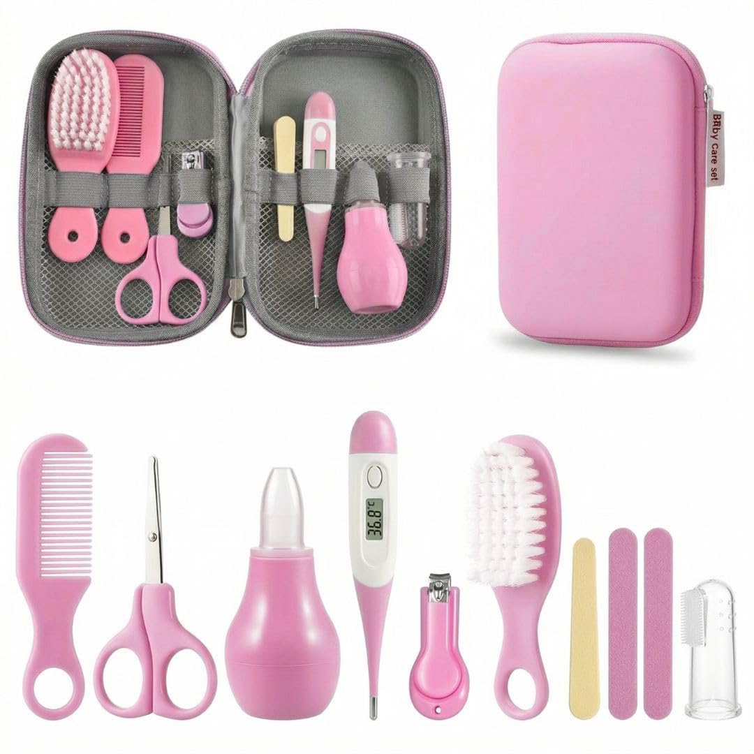 Kit de Cuidado e Higiene para Bebé | Estuche Portátil con Cepillo y Peine, Tijeras, Lima, Cortaúñas, Termómetro Digital, Aspirador Nasal y Protector de Chupete (Rosa)