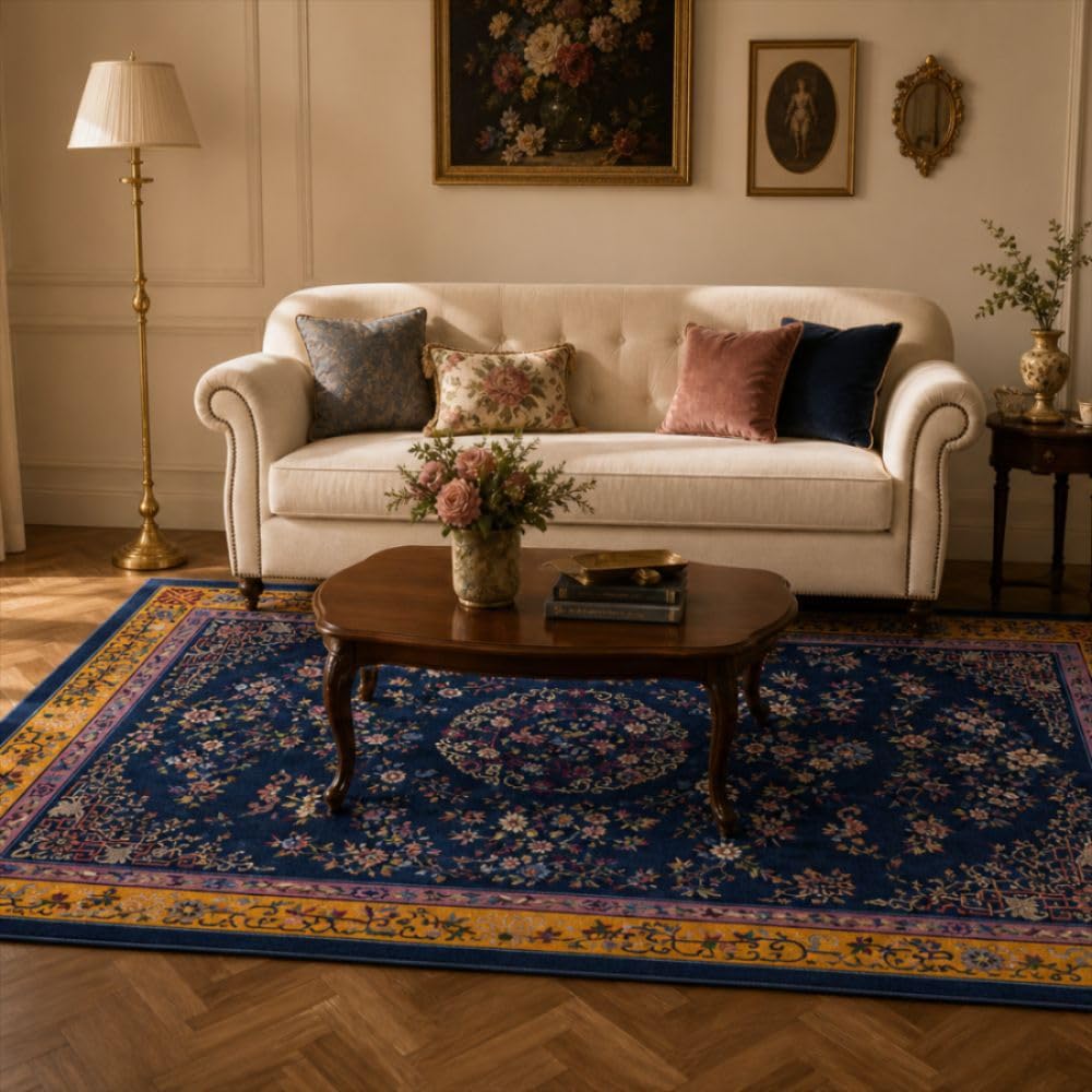 Dywan vintage kwiatowy wzór, granatowy, 120 x 150 cm