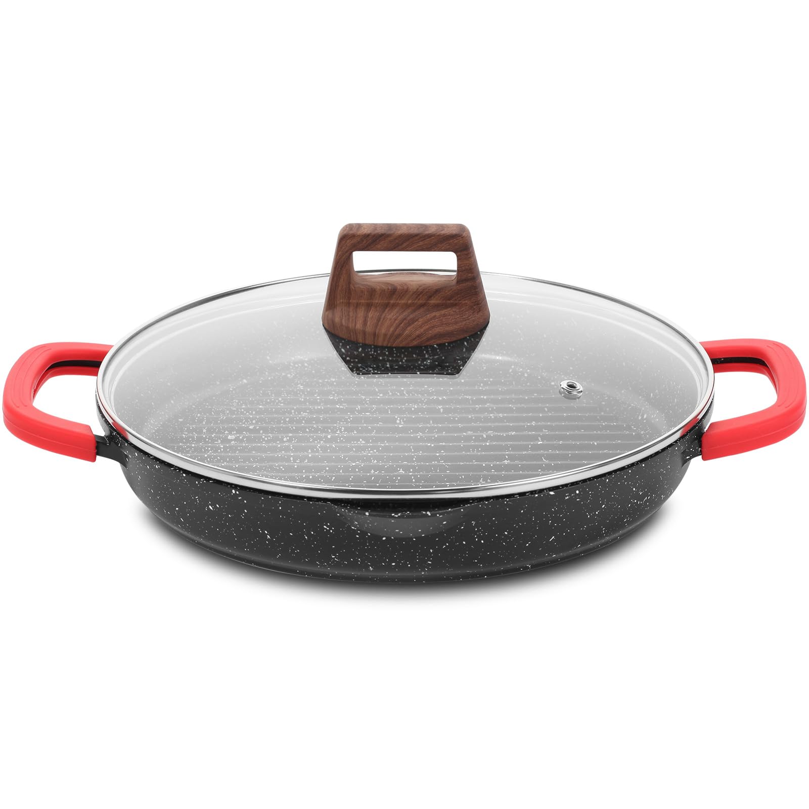 ESLITE LIFE Nonstick Grill Pan for Indoor Cooking, Versatile Induction Square Large Grilling Skillet Steak Pan for Stove Tops, PTFE & PFOA Free (Black, 11" w/Round & Lid & Tongs)