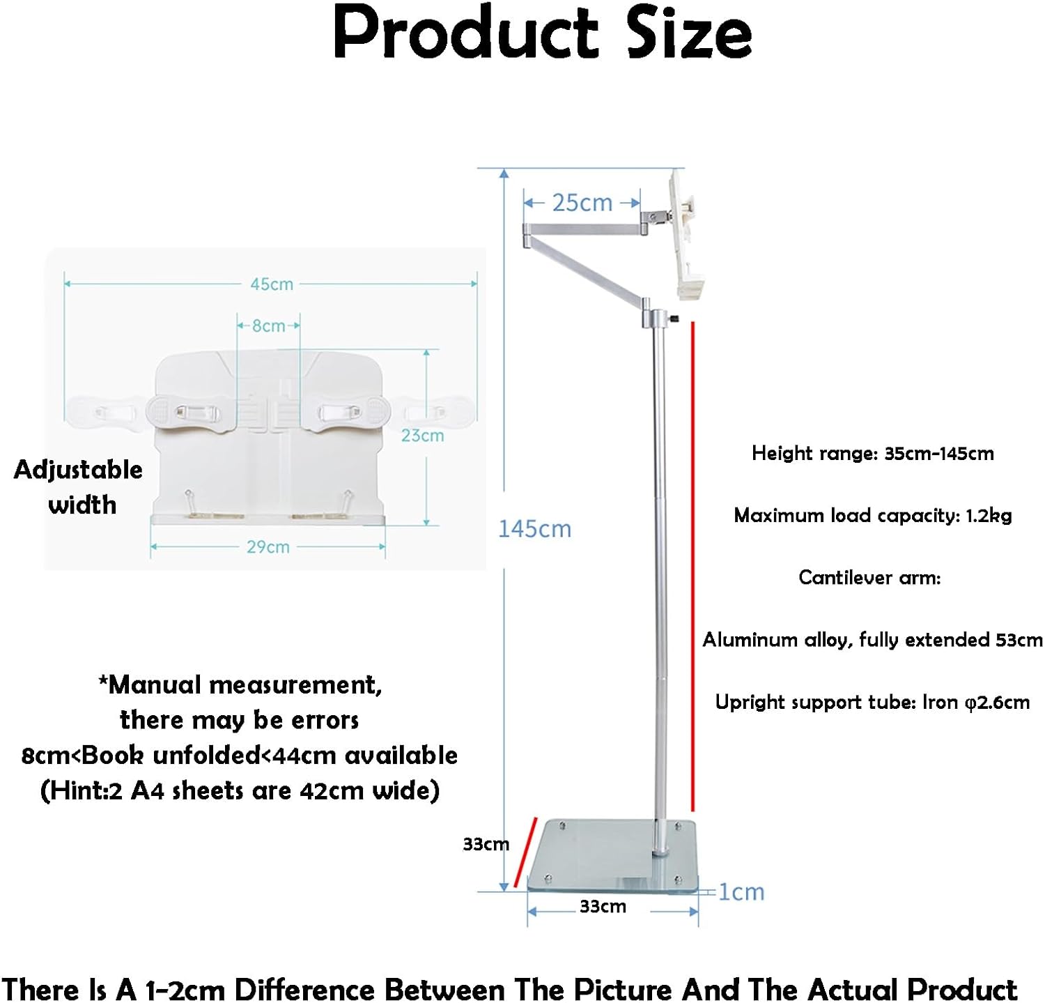 Floor Book Holder, Height Adjustable 35-145cm, Ideal for Home Office and Classroom Presentations, Supports Up to 1.2kg