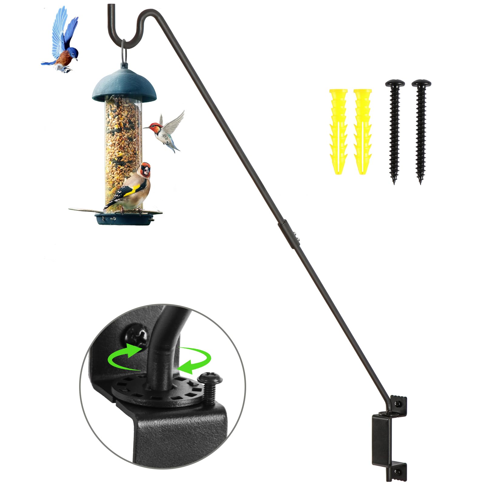 AILIN YELOKIE 32" 360° Swivel Deck Hook - Heavy Duty Solid Steel Plant Hanger, 12-Directional Adjustable Wall Bracket for Bird Feeders/Pole, Outdoor
