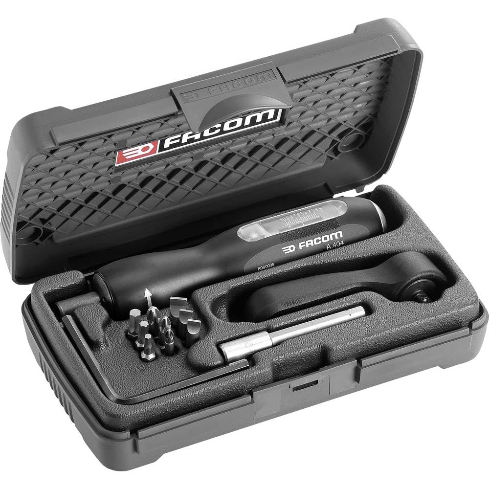 FACOM - Coffret Tournevis Dynamométrique - A.404J2 - Kit Outils - Tournevis Multi-Embouts de Vissage - Monosens - Sortie Hexagonale Femelle - Entraînement 1/4"- Poignée à Cliquet - Boîte de Rangement