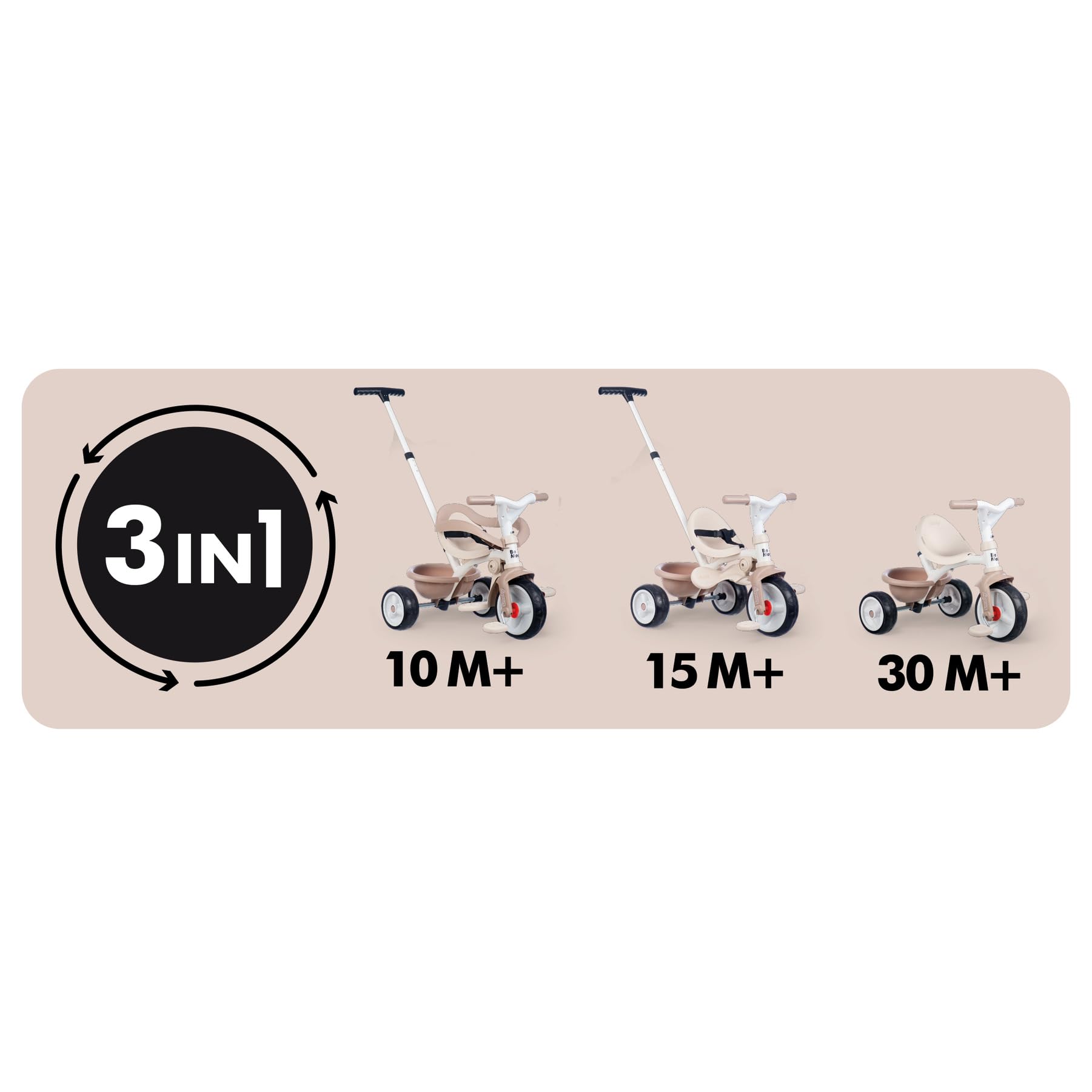 Smoby Triciclo Be Move Confort Beige - Evolutivo 3 en 1, Marco Metálico, Protección Rueda Libre, Barra de Empuje, Asiento Ajustable, Cinturón y Barra de Seguridad, Desde 10 Meses (7600740418)