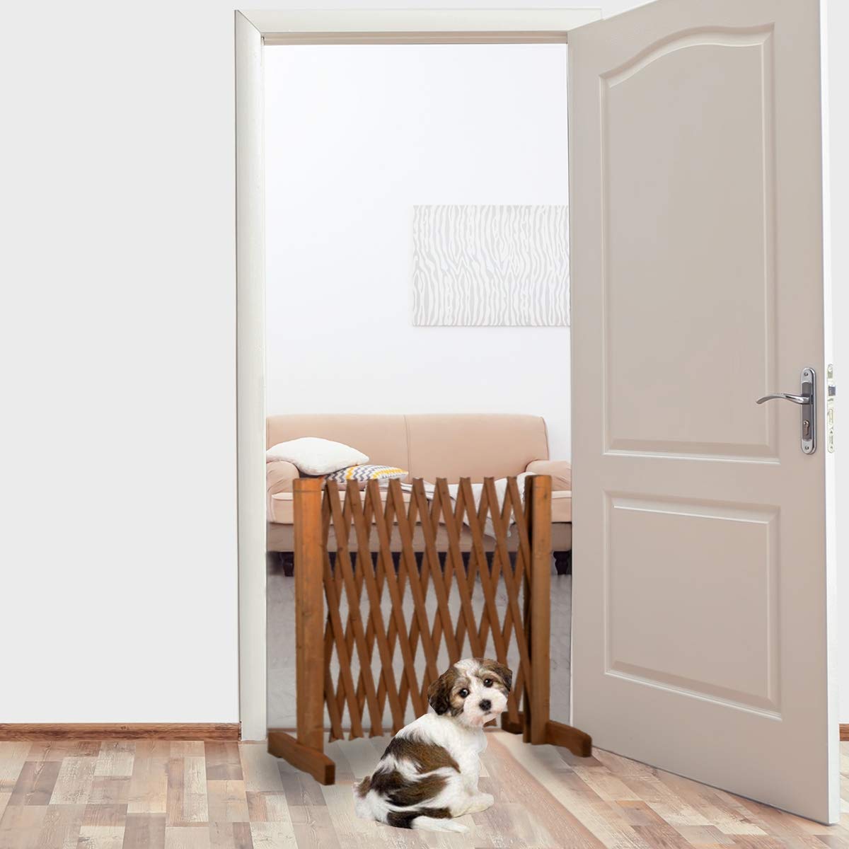 Hunde Absperrgitter in der Breite verstellbar Scherengitter Türgitter Holz Schutzgitter 30-117 cm breit freistehend