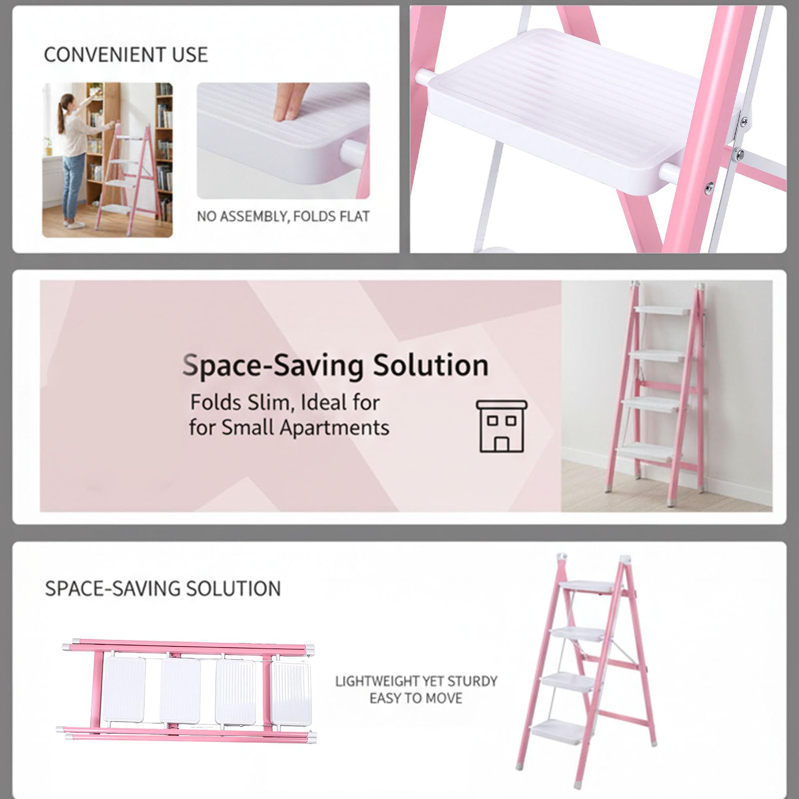 Srliya Scaletta a 4 Gradini Scaletta per Sgabello Pieghevole Antiscivolo per Fiori Addensata per Cucina Camera da Letto Ufficio Bianco Rosato