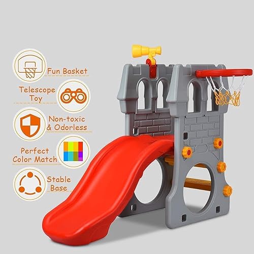 Miniatura 5 de Fireflowery - Tobogán infantil de plástico, 5 en 1, con aro de baloncesto, telescopio, escaleras, gatear por el espacio, para niños pequeños, para